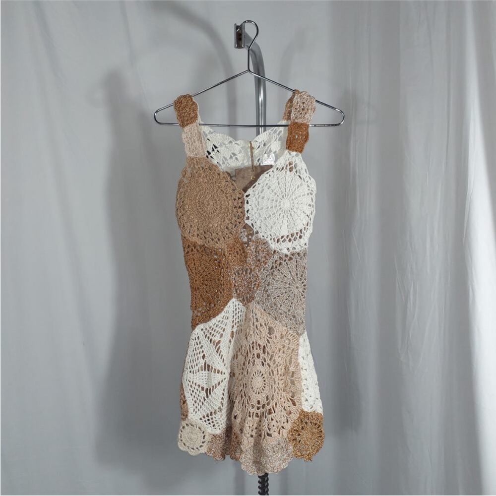Crochet Patchwork Dress in Cream and Brown - Picture 2 of 5